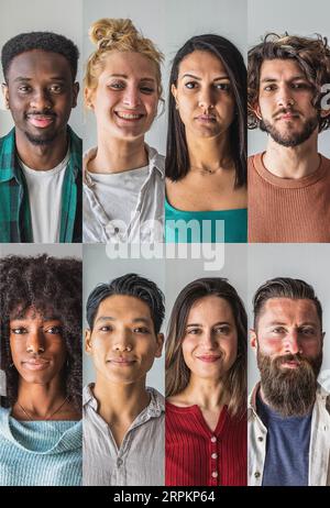 Collage de portraits d'hommes et de femmes d'un groupe d'âge mixte et ethniquement diversifié. Heureux différentes ethnicité jeunes et d'âge moyen. Photos Banque D'Images