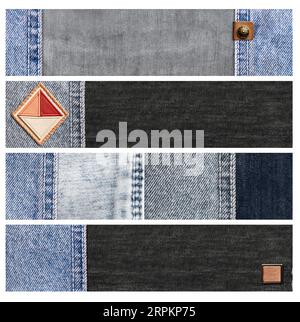 Ensemble de bannières horizontales ou verticales avec bordures en denim bleu, étiquette en cuir et texture en coton noir. Fond décoratif avec bleu clair et gris Banque D'Images