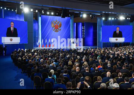 200115 -- MOSCOU, le 15 janvier 2020 Xinhua -- le président russe Vladimir Poutine prend la parole lors du discours annuel devant l'Assemblée fédérale de Russie à Moscou, Russie, le 15 janvier 2020. Photo de Evgeny Sinitsyn/Xinhua RUSSIA-MOSCOW-POUTINE-ANNUAL ADDRESS PUBLICATIONxNOTxINxCHN Banque D'Images