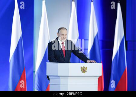 200115 -- MOSCOU, le 15 janvier 2020 Xinhua -- le président russe Vladimir Poutine prend la parole lors du discours annuel devant l'Assemblée fédérale de Russie à Moscou, Russie, le 15 janvier 2020. Photo de Evgeny Sinitsyn/Xinhua RUSSIA-MOSCOW-POUTINE-ANNUAL ADDRESS PUBLICATIONxNOTxINxCHN Banque D'Images