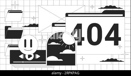Message flash d'erreur 404 noir et blanc de l'interface de l'ordinateur Y2K Illustration de Vecteur