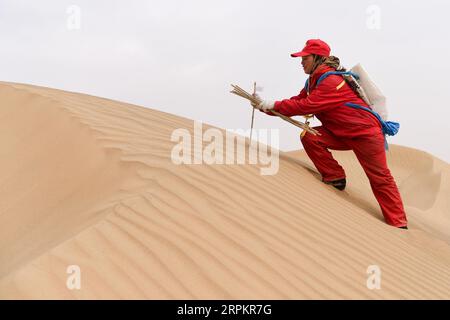 200116 -- XAYAR , 16 janvier 2020 -- Zhou Guoyan travaille sur une dune dans le désert de Taklimakan, dans la région autonome ouïgoure du Xinjiang, au nord-ouest de la Chine, 13 janvier 2020. Les travailleurs de l'exploration pétrolière de BGP Inc., China National Petroleum Corporation, dont plus de 60 femmes, travaillent dur dans le désert de Taklimakan. CHINE-XINJIANG-TAKLIMAKAN DESERT-OIL TRAVAILLEUR CN DINGXLEI PUBLICATIONXNOTXINXCHN Banque D'Images