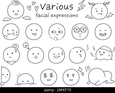 Ensemble d'icônes simples et mignons de diverses expressions faciales. Dessin au trait noir avec touche dessinée à la main. Collection d'emojis drôles. Illustration de Vecteur