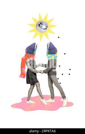 Collage image drôle de deux personnes dansantes portent thème conceptuel masque de poisson illustration partie sous-marine isolé sur fond blanc Banque D'Images