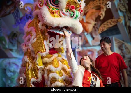 200118 -- WELLINGTON, le 18 janvier 2020 Xinhua -- Une femme interagit avec une danseuse du lion lors du Festival multiculturel pour célébrer le gala du nouvel an chinois au Musée national de Nouvelle-Zélande à Wellington, capitale de la Nouvelle-Zélande, le 18 janvier 2020. Cet événement multiculturel, co-organisé par le Conseil multiculturel de Wellington et le Centre culturel chinois de Wellington, soutenu par le Musée national te Papa et le Centre de développement culturel et artistique Pan Pacific, présente une fusion de chansons et de danses de nombreuses nationalités de Nouvelle-Zélande. Photo de Zhang Jianyong Banque D'Images