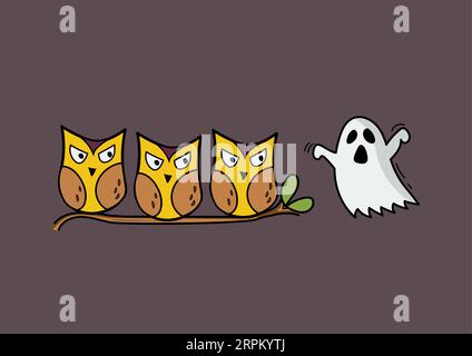 Groupe de chouettes regardant le style Ghost Doodle. Bonne carte de voeux Halloween. Illustration vectorielle Illustration de Vecteur