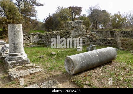 Tevfikiye, Türkiye, 19 novembre 2014. Anciennes colonnes de pierre à l'ancienne ville de Troie. Banque D'Images