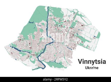 Carte Vinnytsia, ville en Ukraine. Carte de la zone administrative municipale avec les bâtiments, les rivières et les routes, les parcs et les voies ferrées. Illustration vectorielle. Illustration de Vecteur