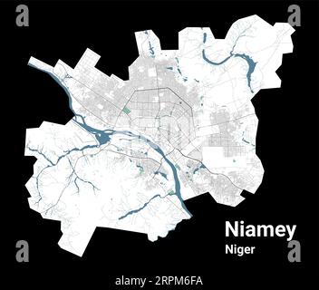 Carte de Niamey, capitale du Niger. Carte de la zone administrative municipale avec rivières et routes, parcs et voies ferrées. Illustration vectorielle. Illustration de Vecteur