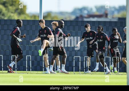 Tubize, Belgique. 05 septembre 2023. Les joueurs belges photographiés lors d'une séance d'entraînement de l'équipe nationale belge de football Red Devils, mardi 05 septembre 2023, au siège de la Royal Belgian football Association RBFA à Tubize. Les Devils affronteront l'Azerbaïdjan et l'Estonie plus tard ce mois-ci. BELGA PHOTO BRUNO FAHY crédit : Belga News Agency/Alamy Live News Banque D'Images