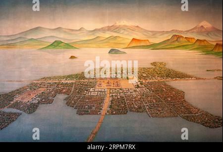 Panorama des villes de Tenochitlan et Tlatelolco par Luis Covarrubios au Museo Nacional de Antropología à Mexico, Mexique Banque D'Images