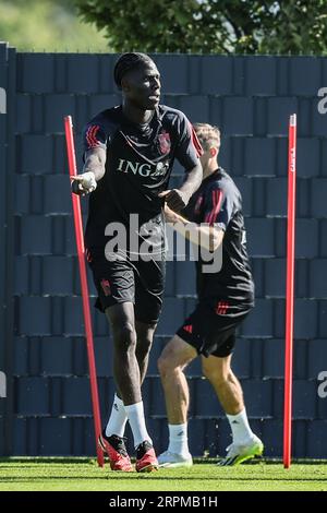 Tubize, Belgique. 05 septembre 2023. Le Belge Amadou Onana photographié lors d'une séance d'entraînement de l'équipe nationale belge de football Red Devils, mardi 05 septembre 2023, au siège de la RBFA à Tubize. Les Devils affronteront l'Azerbaïdjan et l'Estonie plus tard ce mois-ci. BELGA PHOTO BRUNO FAHY crédit : Belga News Agency/Alamy Live News Banque D'Images