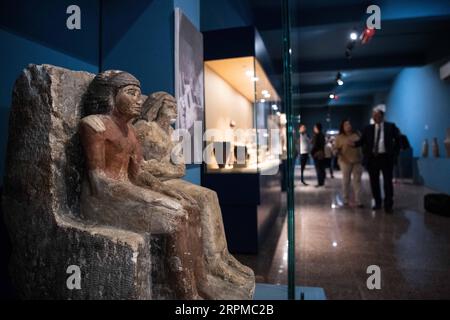 200207 -- MINYA, 7 février 2020 -- la photo prise le 30 janvier 2020 montre une double statue d'une personne appelée Ankh Pepi et de sa femme côte à côte, datant de l'ancien Empire il y a environ 4 500 ans, au musée Mallawi, province de Minya, Égypte. POUR ALLER AVEC la caractéristique : le musée Mallawi de la haute Egypte restaure la popularité des années après le pillage EGYPTE-MINYA-MALLAWI MUSEUM WuxHuiwo PUBLICATIONxNOTxINxCHN Banque D'Images