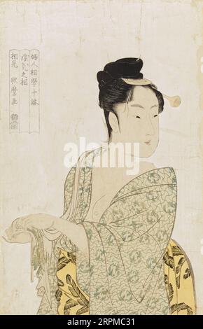 Japon : 'le type Fickle / Coquettish'. Estampe sur bois Ukiyo-e de la série 'dix physiognomies des femmes' par Utamaro Kitagawa (c. 1753 - 31 octobre 1806), c. 1792-1793. Kitagawa Utamaro était un graveur et peintre japonais, considéré comme l'un des plus grands artistes de gravures sur bois (ukiyo-e). Il est surtout connu pour ses études magistralement composées de femmes, connues sous le nom de bijinga. Il a également produit des études sur la nature, en particulier des livres illustrés d'insectes. Banque D'Images