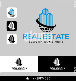 Immobilier logo Design Bâtiment, maison, architecte, maison, construction, modèle d'identité de marque immobilier de propriété avec conception d'icône immobilière vol Illustration de Vecteur