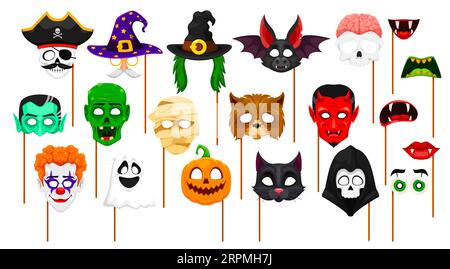 Masques de cabine de photo de dessin animé Halloween et accessoires de monstre pour les vacances, visages de vecteur sur des bâtons. Halloween masques drôles de zombie effrayant, vampire et momie, citrouille effrayante et la mort avec loup-garou et sorcière Illustration de Vecteur