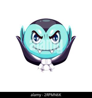 Personnage emoji vampire de dessin animé Halloween. Vecteur ludique émoticône visage goule pâle avec crocs et cape, prêt pour le plaisir des vacances. Mignon et effrayant compte Dracula, émotion sanglante pour les chats festifs Illustration de Vecteur