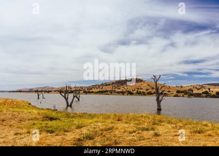 La vue sur un lac Hume inondé à Sandy Creek depuis près de Kiewa à Victoria, Australie Banque D'Images