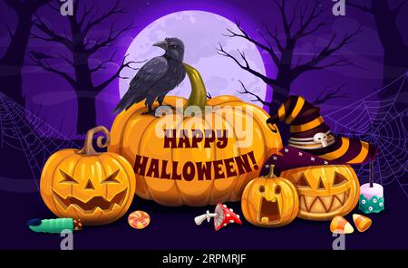 Citrouilles de dessin animé Halloween et bonbons sur le cimetière de minuit. Horreur vacances effrayant Jack-o-Lantern citrouille personnages avec friandises friandises ou friandises, chapeau de sorcière et corbeau noir, arbres effrayants et pleine lune Illustration de Vecteur