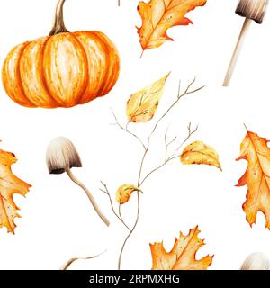Aquarelle citrouille halloween, branche d'automne avec feuillage, toadstools isolés. Pour les designers, décoration, magasin, pour les cartes postales, papier d'emballage, couvercles Banque D'Images