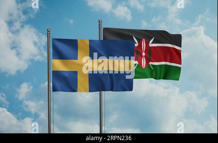 Drapeau du Kenya et drapeau de la Suède agitant ensemble sur le ciel bleu, concept de coopération de deux pays Banque D'Images