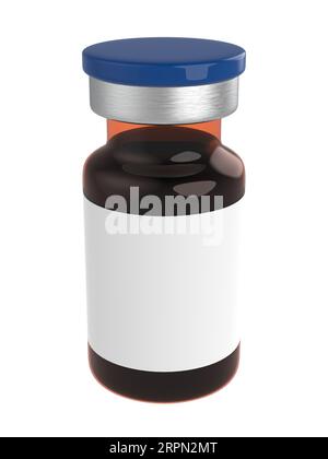 Flacons de médicaments pour injection. Flacons médicaux en verre brun avec bouchons bleus, solution liquide pour perfusion isolée sur fond blanc. Étiquette vierge moc Banque D'Images