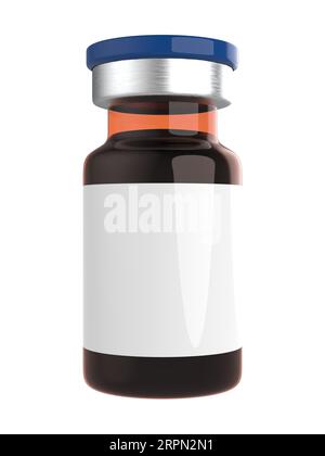 Flacons de médicaments pour injection. Flacons médicaux en verre brun avec bouchons bleus, solution liquide pour perfusion isolée sur fond blanc. Étiquette vierge moc Banque D'Images