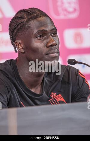 Tubize, Belgique. 05 septembre 2023. Le Belge Amadou Onana photographié lors d'une conférence de presse de l'équipe nationale belge de football Red Devils, mardi 05 septembre 2023, au siège de la RBFA à Tubize. Les Devils affronteront l'Azerbaïdjan et l'Estonie plus tard ce mois-ci. BELGA PHOTO BRUNO FAHY crédit : Belga News Agency/Alamy Live News Banque D'Images