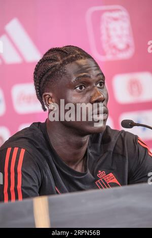 Tubize, Belgique. 05 septembre 2023. Le Belge Amadou Onana photographié lors d'une conférence de presse de l'équipe nationale belge de football Red Devils, mardi 05 septembre 2023, au siège de la RBFA à Tubize. Les Devils affronteront l'Azerbaïdjan et l'Estonie plus tard ce mois-ci. BELGA PHOTO BRUNO FAHY crédit : Belga News Agency/Alamy Live News Banque D'Images