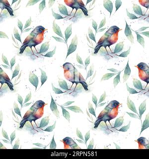Motif coloré sans couture avec des oiseaux et des feuilles. Impression aquarelle, textile ou papiers peints. Banque D'Images