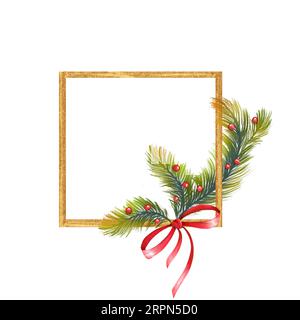 Cadre carré festif avec branches de sapin. Conception simple. Illustration du thème du nouvel an et de Noël Banque D'Images