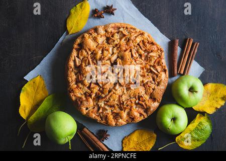 Tarte aux pommes à la cannelle. Charlotte, un dessert sucré à base de pommes cuites dans de la pâte Banque D'Images