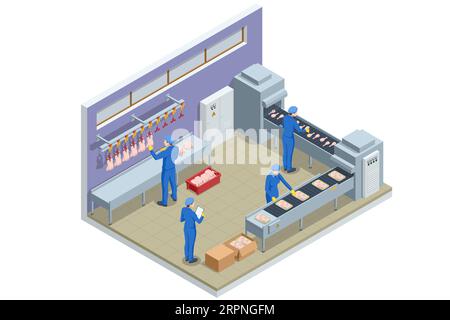 Usine isométrique pour la production d'aliments à partir de viande. Produits alimentaires viande poulet dans un emballage en plastique sur le convoyeur. Viande de poulet. Illustration de Vecteur