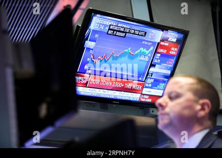 200228 -- NEW YORK, le 28 février 2020 -- Un Trader travaille à la Bourse de New York, aux États-Unis, le 28 février 2020. Les actions américaines se sont terminées mixtes vendredi. Le Dow était en baisse de 1,39 pour cent à 25 409,36, le S&P 500 a chuté de 0,82 pour cent à 2 954,22, et le Nasdaq était en hausse de 0,01 pour cent à 8 567,37. U.S.-NEW YORK-STOCKS WangxYing PUBLICATIONxNOTxINxCHN Banque D'Images