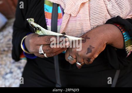 200301 -- ASSOUAN, le 1 mars 2020 -- une artiste dessine des tatouages au henné de sa propre main à Assouan, Égypte, le 12 février 2020. Dans les villages nubiens de la province de haute-Égypte d Assouan, près du Nil, il est courant de voir une touriste locale ou étrangère assise devant un artiste nubien au henné sur un trottoir à un bazar coloré ou à l'intérieur d'un café pour obtenir un tatouage au henné dessiné sur sa main. POUR ALLER AVEC la caractéristique : tatouages au henné nubien attirent les touristes locaux, étrangers dans le village Assouan EGYPTE-Assouan-NUBIAN TATOUAGES AU HENNÉ AhmedxGomaa PUBLICATIONxNOTxINxCHN Banque D'Images