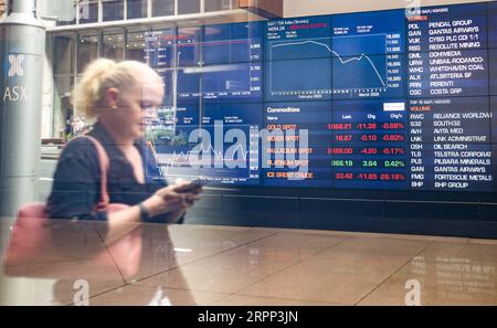 200310 -- SYDNEY, le 10 mars 2020 -- Une femme se promène devant la Bourse australienne ASX à Sydney, en Australie, le 10 mars 2020. Le marché boursier australien a ouvert légèrement plus bas mardi malgré les inquiétudes de pertes plus lourdes suite à une faible avance des marchés étrangers. À 10:30 AEST, l’indice de référence S&P/ASX 200 était en baisse de 22,30 points ou 0,39 % à 5 738,30, tandis que l’indice plus large All Ordinaries était en baisse de 29,10 points ou 0,50 % à 5 793,30. AUSTRALIE-SYDNEY-BOURSE-PLONGÉE BaixXuefei PUBLICATIONxNOTxINxCHN Banque D'Images