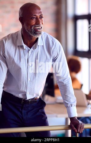 Portrait de souriant homme d'affaires mature debout dans le bureau occupé Banque D'Images