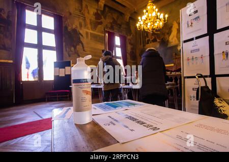 200315 --PARIS, le 15 mars 2020 -- un désinfectant pour les mains est vu dans un bureau de vote à Paris, France, le 15 mars 2020. Les bureaux de vote sont ouverts dans toute la France dimanche pour le premier tour des élections municipales après que des mesures supplémentaires ont été récemment imposées pour freiner la propagation du coronavirus. Les stations devraient suivre les directives sanitaires recommandées par le gouvernement et les experts de la santé, ont rapporté les médias français, y compris le nettoyage régulier des poignées de porte, des tables et des cabines de vote. Parmi les autres mesures, on peut citer l'évitement des files d'attente, l'application d'une distance de sécurité entre les électeurs et la garantie d'une priorité fo Banque D'Images