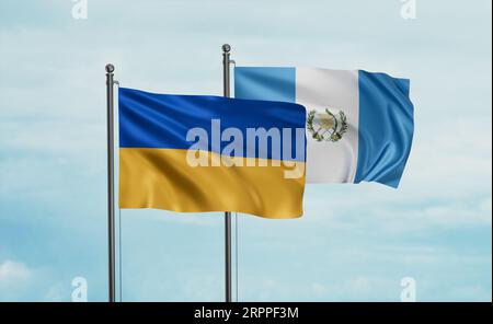 Drapeau du Guatemala et drapeau de l'Ukraine agitant ensemble sur le ciel bleu, concept de coopération de deux pays Banque D'Images