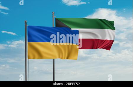 Drapeau du Koweït et de l'Ukraine agitant ensemble dans le vent sur le ciel bleu, concept de coopération de deux pays Banque D'Images