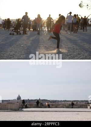 200317 -- ROME, le 17 mars 2020 -- une photo combinée montre la colline de Pincio le 1 octobre 2018 en haut et le 10 mars 2020 à Rome, en Italie. Le 31 janvier, l’Italie a déclaré un état d’urgence de six mois en raison de la pandémie de coronavirus. Et un confinement national a été mis en place depuis mars 10 jusqu’en avril 3 pour endiguer la propagation du virus. ITALIE-ROME-COVID-19-VUE DE LA VILLE ChengxTingting PUBLICATIONxNOTxINxCHN Banque D'Images