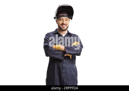 Soudeur en uniforme et un bouclier au-dessus de sa tête isolé sur fond blanc Banque D'Images