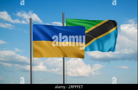 Drapeau de la Tanzanie et de l'Ukraine agitant ensemble dans le vent sur le ciel bleu, concept de coopération de deux pays Banque D'Images