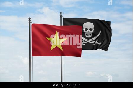 Drapeau Vietnam et drapeau corsair agitant ensemble dans le vent sur le ciel bleu Banque D'Images