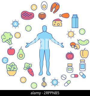 nutrition saine équilibrée et compléments alimentaires icônes de concept, bien-être, biohacking vitaminique régime et amélioration de la santé, vecteur Illustration de Vecteur