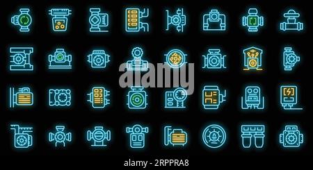 Les icônes de la pompe de circulation d'eau définissent le vecteur de contour. Station de traitement. Réservoir de plante couleur néon sur noir Illustration de Vecteur