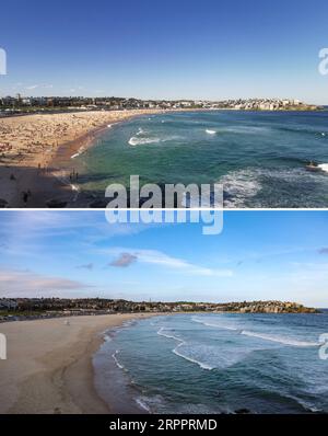 200321 -- SYDNEY, le 21 mars 2020 -- la photo combinée montre des gens qui s'amusent à Bondi Beach le 20 mars 2020 et à la plage vide de Bondi Beach après avoir été fermée le 21 mars 2020 à Sydney, en Australie. La célèbre plage de Bondi Beach en Australie a été fermée après que des centaines de amateurs de plage se sont envolés sur le sable vendredi, ignorant les directives de distanciation sociale en cours. Le ministre de la police de l'État de Nouvelle-Galles du Sud David Elliott a ordonné la fermeture de la plage de Sydney samedi après-midi. Il y a eu 874 cas confirmés de COVID-19 en Australie à 6:30 heures du matin, heure locale samedi, parmi lesquels Banque D'Images