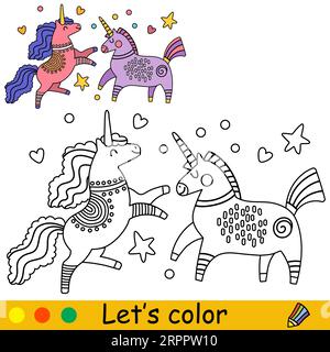 Dessin animé mignon deux licornes doodle drôles avec des coeurs. Page de livre de coloriage. Illustration isolée vectorielle noir et blanc avec modèle coloré pour les enfants. Illustration de Vecteur