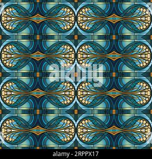 Motif de style art nouveau sans couture et répétitif d'un éventail de queue de paon, motif de carreaux de fond Illustration de Vecteur