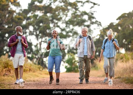 Groupe d'amis seniors actifs appréciant la randonnée à travers la campagne marcher le long de la piste ensemble Banque D'Images